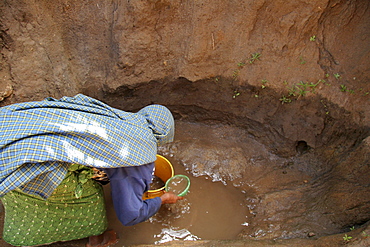 Tanzanian woman collecting unsafe and dirty drinking water from a water hole at kansay, near ngorongoro. She will carry the bucket of water 3 miles each way to and from her home. She and her family suffer from parasites and intestinal complaints because of the contaminated water