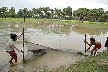 Cambodia girls fishing in village pond, kampong cham