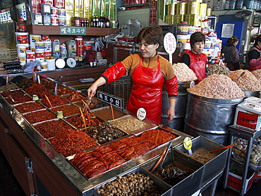 Korea - shrimps & kimchee on sale at karakan wholesale food market, seoul