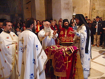 Macedonia (the former yugoslav republic of macedonia, fyrm) easter sunday service at saint sofia orthodox church, ohrid. Mass is lead by archbishop timotei