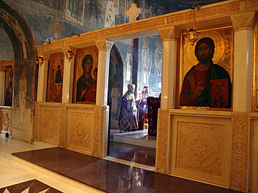 Macedonia (the former yugoslav republic of macedonia, fyrm) easter sunday service at saint sofia orthodox church, ohrid. Mass is lead by archbishop timotei