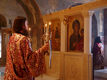 Macedonia (the former yugoslav republic of macedonia, fyrm) easter sunday service at saint sofia orthodox church, ohrid. Mass is lead by archbishop timotei