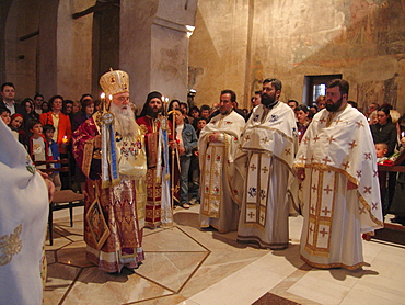 Macedonia (the former yugoslav republic of macedonia, fyrm) easter sunday service at saint sofia orthodox church, ohrid. Mass is lead by archbishop timotei, (wearing crown)