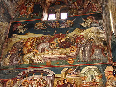 Macedonia (the former yugoslav republic of macedonia, fyrm) lamentation of christ. 13th century frescoes inside the orthodox church of saint clement, ohrid