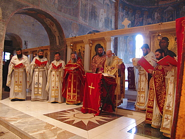 Macedonia (the former yugoslav republic of macedonia, fyrm) easter sunday mass led by archbishop timotei (old man with beard). Saint sofia orthodox church, ohrid