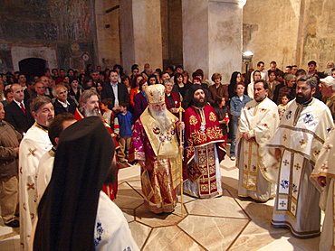 Macedonia (the former yugoslav republic of macedonia, fyrm) easter sunday mass led by archbishop timotei (center). Saint sofia orthodox church, ohrid