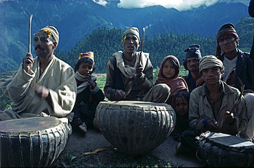 Damai, tailor caste of nepal, playing music on celebration of jania purnima festival humla, north-west nepal 