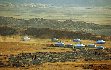 A traditional tent camp springs up around a site where ordinary mongolians exploring gold. Ninjas have been mining gold past 10 years, exhausting 10-hour days norm here. Sarangol valley, northwest of capital city ulan bator, mongolia