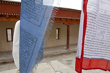 The courtyard of Soma monastery, restored by THF, where dances and ceremonies are held. The courtyard is repaved with stone from Chiling. It is surrounded by a charming refurbished arcade. Ladakh, India