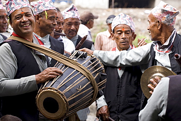 Newars, the dominant clan of Kathmandu Valley, playing traditional music. Bhaktapur, Nepal