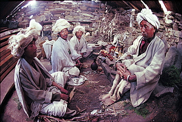 Humla, shamans. shamans central to ceremonial life, with their spirit possession high point of every collective ritual. Their white wool tufted turnans match description of zhangzhungâ€šÃ„Ã´s priests