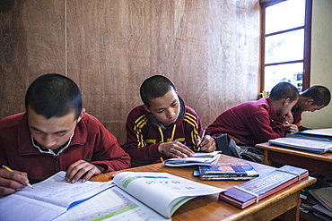 Monks at Lelung Monastic Institute studying Tibetan, Namchi, South Sikkim, India, Asia