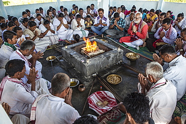 Hawan (offering to fire god) at Karbi Anglong District Brahma Dharma Jyoti Mondir, Langhin Manikpur, India, Asia