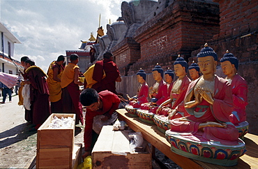 Statues of buddha chortens around swayambhunath kathmandu, nepal 