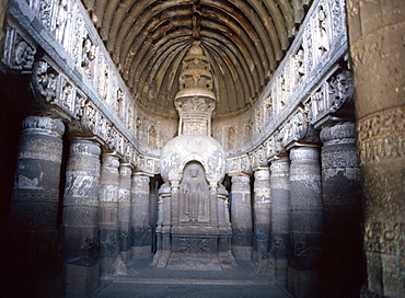 The finely carved late 5th century Buddhist Chaitya Hall, Cave 19, Ajanta Caves, UNESCO World Heritage Site, Maharashtra state, India, Asia