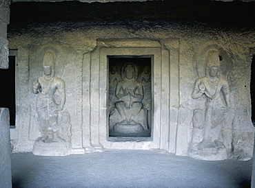 Shrine guarded by Bodhisattva figures, dating from 7th century, in Cave 5, Ellora, UNESCO World Heritage Site, near Aurangabad, Maharashtra state, India, Asia