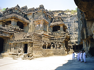 Main hall (Mandapa) from SW with entrance and Ramayana frieze, Kailasa Temple, Ellora, India 