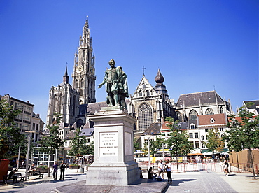 Statue of Rubens, cathedral, and Groen Plaats, Antwerp, Belgium, Europe