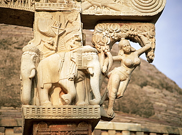 Elephants and nymph bracket, outside face, East Gateway, Great Stupa, Sanchi, UNESCO World Heritage Site, Madhya Pradesh state, India, Asia