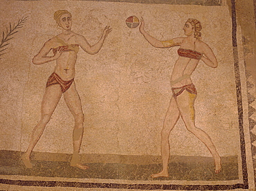 Mosaic 'Girls in bikinis' (doing gymnastics) 4th century AD, Villa Romana Del Casale, near Piazza Armerina, Sicily, Italy