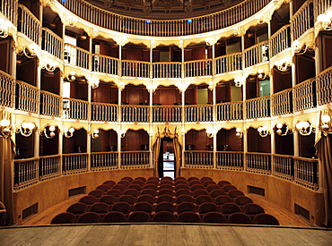 Teatro Torti, recently restored 19th century theatre, within the Gothic shell of former Palazzo dei Consoli, Bevagna, Umbria, Italy, Europe