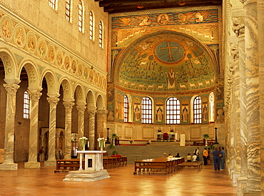 Church interior with mosaics showing the transfiguration of Christ and Bishop Apollinare at prayer, South East of Ravenna, Emilia-Romagna, Italy, Europe