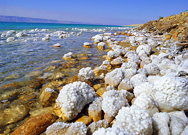 Eastern shore of the Dead Sea, with salt concentration of over 20% sodium chloride (also rich in magnesium, calcium and potassium chlorides, Jordan