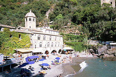 Beach and Benedictine abbey of San Fruttuosa, headland of Portofino, Liguria, Italy, Europe