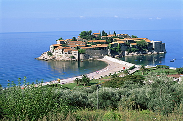Island of Sveti Stefan (St. Stephen), once a fishing village, now a luxury hotel complex, near Budva, Montenegro, Europe