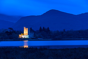 Ross Castle at dusk, Killarney National Park, County Kerry, Munster, Republic of Ireland, Europe