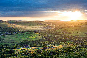 View from Curbar Edge looking towards Calver, evening light, Dark Peak, Peak District National Park, Derbyshire, England, United Kingdom, Europe