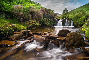 Water cascading over rocks on moorland habitat, Fairbrook, Peak District National Park, Derbyshire, England, United Kingdom, Europe