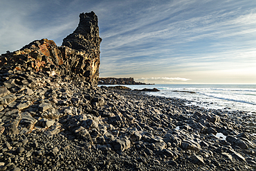 Sea cliff and rock formations on Djupalonssandur beach, Iceland, Polar Regions