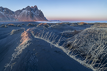 Black sand dunes and Vestrahorn Mountains at dawn, Stokksnes beach, Hofn, Iceland, Polar Regions