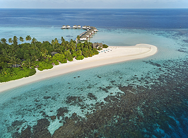 The shoreline and beach of a tropical paradise island in the Maldives: Havodda Island, Gaafu Dhaalu atoll, in the Maldives' far south, in the Indian Ocean.