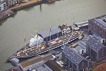 An aerial view of the SS Great Britain, the world's first propeller-driven steam ship, in dock in Bristol, England, United Kingdom, Europe