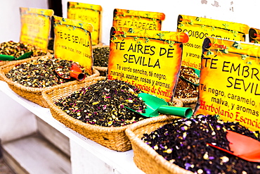 Spices for sale in Santa Cruz district, Seville, Andalusia (Andalucia), Spain, Europe