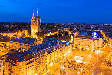 View of Ban Jelacic Square and Cathedral of the Assumption Blessed Virgin Mary at night, Zagreb, Croatia, Europe