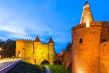 Warsaw Barbican at night, Old Town, UNESCO World Heritage Site, Warsaw, Poland, Europe