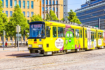 Colorful tram in Helsinki, Finland, Europe