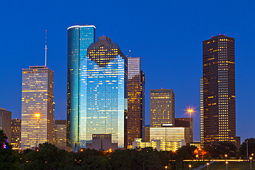 Houston skyline at night from Eleanor Tinsley Park, Texas, United States of America, North America