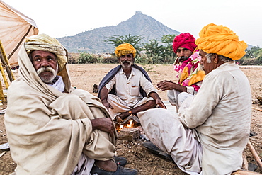 Camel herders early in the morning at the Pushkar Camel Fair, Pushkar, Rajasthan, India, Asia