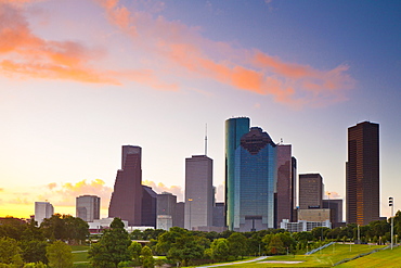 Houston skyline at dawn from Eleanor Tinsley Park, Texas, United States of America, North America