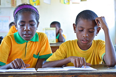 Two grade 3 students reading at Kusbau School in the coastal region of Madang in Papua New Guinea, Pacific