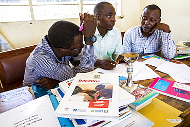 Teachers in discussions during a training session in the school to improve teaching methodologies in classrooms, Angaza school, Lindi, Tanzania, East Africa, Africa