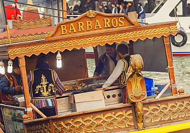 Floating traditional food stalls on the Bosphorus, Istanbul, Turkey, Europe