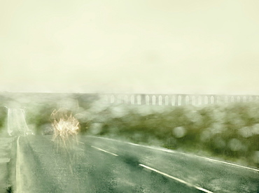 Bad driving conditions in the rain by the Ribblehead Viaduct, Lancashire, England, United Kingdom, Europe