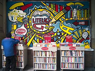 Man looking through the cheap books outside a New York bookstore, New York, United States of America, North America