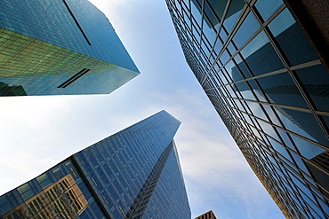 Looking up through skyscrapers, New York, United States of America, North America