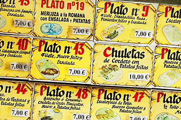 Menu board outside restaurant, Madrid, Spain, Europe